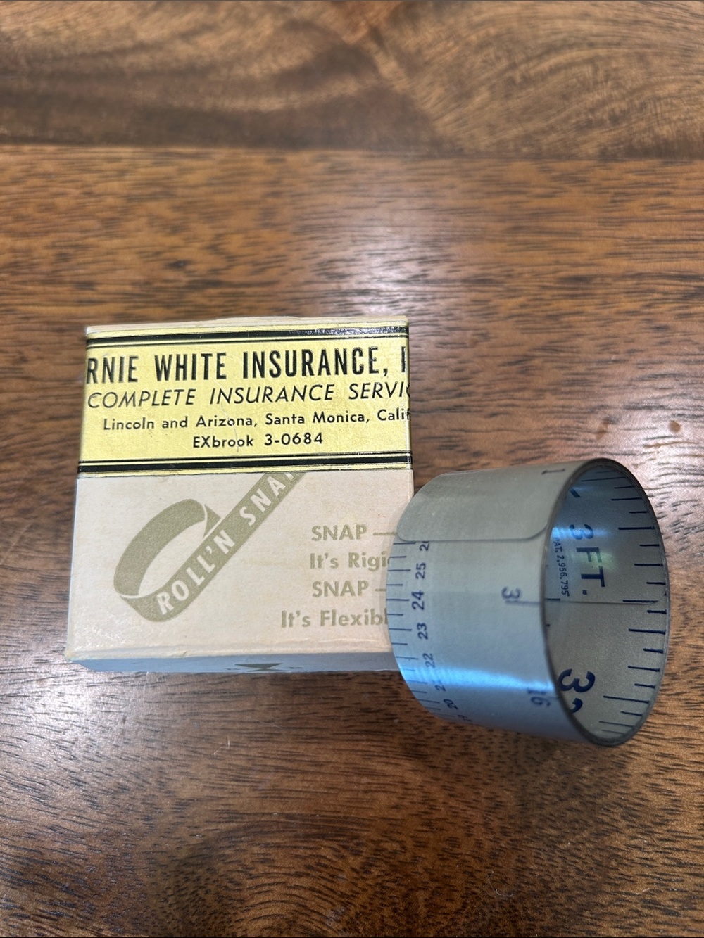 Vintage Roll ’N Snap Sewing Tape Measure Advertising Box Ernie White Insurance